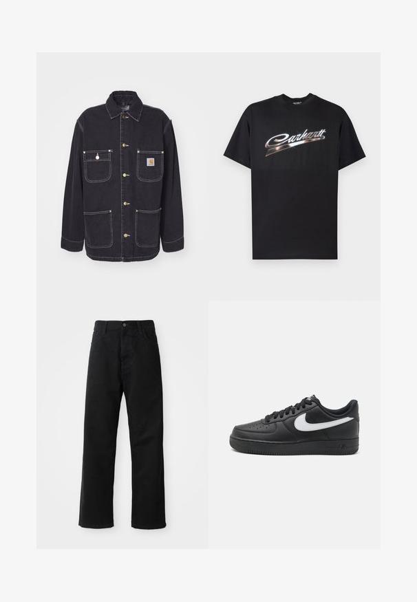 Giubbotto di jeans nero con due tasche sul petto e due tasche laterali, accessori in tonalità oro e cuciture bianche a contrasto. Presenta un colletto standard.; Maglietta nera in cotone con logo "Carhartt" lucido in lettere argentate stilizzate sul petto, maniche corte e scollo rotondo.; Pantaloni in denim nero con taglio dritto, caratterizzati da tasche frontali, chiusura con zip e un singolo bottone superiore. Tessuto testurizzato con finitura opaca.; Sneaker Nike Air Force 1 nere con tomaia in pelle liscia, accentuato da un logo bianco, punta perforata e suola in gomma testurizzata.