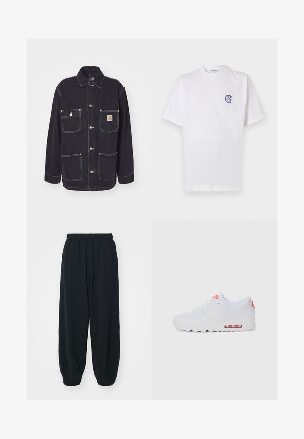 Svart denimjacka med två bröstfickor och två sidofickor, guldtonad hårdvara och kontrasterande vit sömnad. Har en standard krage.; Vitt bomullst-shirt med korta ärmar, rund halsringning och en liten, broderad blå "C"-logga på vänster bröst.; Svarta, elastiska sweatpants med lös passform, mudd vid anklarna, slät textur och utan synliga mönster eller detaljer i metall.; Vit atletisk sneaker med en slät överdel, snörning, vadderad sula och en synlig luftenhet med röda detaljer på varumärket.