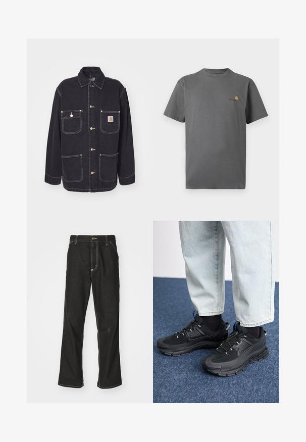 Mustast denimist volviku, millel on kaks rinna taskut ja kaks küljetaskut, kuldse tooni detailid ja kontrastne valge õmblus. Omab standardset kraed.; Hallita halli lühikeste varrukatega t-särk, mis on valmistatud puuvillast; esitades diskreetse logo oranžis ja burgundia värvitoonis rinnal. Lihtne ümmargune kaelus.; Mustadest denimist püksid, lahtise lõikega, kontrastsete valgete õmblustega, nööbiga kinnitamine ja sirge säär.; Mustad mustad jooksukingad, millel on tekstureeritud kangas ja kummist tallad, elastsed nöörid ning sinine aksent kandadel. Kandmine heledate teksadega.