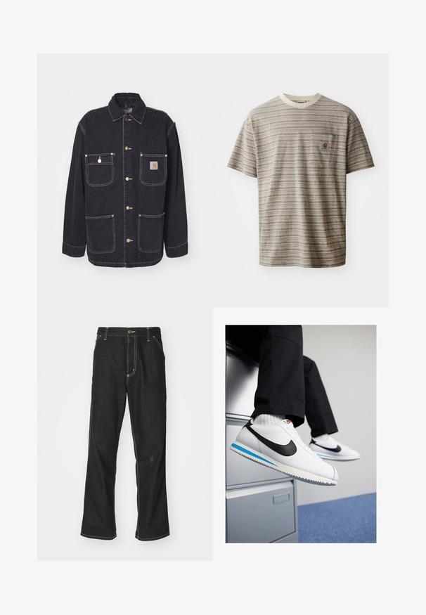 Black denim jacket with two chest pockets and two side pockets, gold-tone hardware, and contrasting white stitching. Features a standard collar.; Short-sleeve striped t-shirt in beige and brown, featuring a crew neckline and a chest pocket with a logo patch. Textured fabric.; Black denim jeans with a loose fit, featuring contrasting white stitching, a button closure, and a straight leg design.; White leather sneakers with a black Nike swoosh, light blue and grey rubber sole, and classic lace-up design. Feet resting on a filing cabinet.