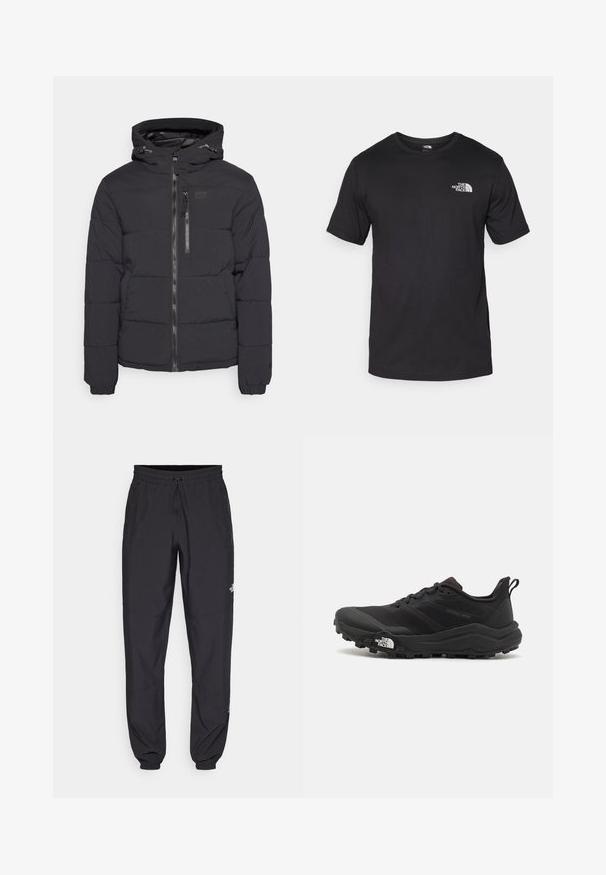 Icepeak AMERI  - Vinterjakker - black; Sort kortærmet t-shirt lavet af bomuld, med rund halsudskæring og et lille hvidt logo på den øverste venstre brystområde.; Sorte atletiske bukser lavet af letvægtsstof, med en snor i taljen, sidelommer og tapered manchetter ved anklerne.; Sort trail løbesko med en struktureret overdel, gummisål og forstærket tåhætte. Har en polstret krave og en pull-tab til nem påtagning.