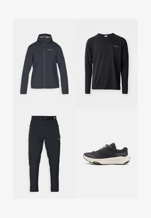 Veste légère gris foncé avec capuche, fermeture éclair à l'avant et deux poches latérales. Présente une coupe ajustée et un matériau respirant.; Columbia COLUMBIA TECH™ LONG SLEEVE CREW - T-shirt à manches longues - black; Columbia ESSENTIAL HIKE™ PANT - Pantalons outdoor - black; Chaussure de sport noire avec un dessus texturé, accents gris, détails réfléchissants et une semelle blanche épaisse arborant la marque Vibram.