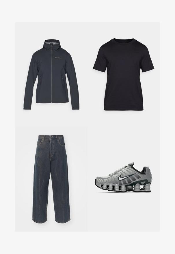 Dunkelgraue, leichte Jacke mit Kapuze, Frontreißverschluss und zwei seitlichen Taschen. Bietet eine taillierte Passform und atmungsaktives Material.; Schwarzes T-Shirt aus glattem Stoff mit Rundhalsausschnitt und kurzen Ärmeln. Dezente Markenlogo-Druck in Schwarz auf der Brust.; Weite dunkelblaue Jeans aus Denim mit subtilem Distressed-Effekt, fünf Taschen und einem klassischen Knopf- und Reißverschlussverschluss an der Taille.; Grauer und schwarzer Nike-Laufschuh mit sichtbarer federähnlicher Dämpfung unter der Sohle und einem weißen Swoosh-Logo an der Seite.