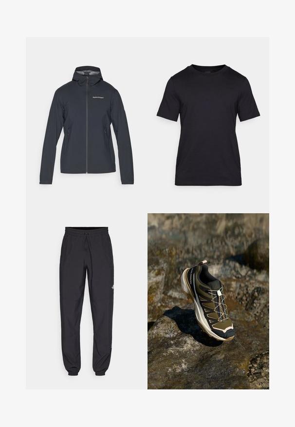 Giacca leggera grigio scuro con cappuccio, zip frontale e due tasche laterali. Caratterizzata da un design aderente e materiale traspirante.; Maglietta nera realizzata in tessuto liscio, con scollatura a girocollo e maniche corte. Logo discreto stampato in nero sul petto.; Pantaloni sportivi neri realizzati in tessuto leggero, con vita regolabile con cordino, tasche laterali e orli affusolati alle caviglie.; Scarpe da escursionismo in verde oliva e nero con dettagli rosa. Presentano una parte superiore testurizzata, suola flessibile, puntale rinforzato e un vivace sistema di allacciatura.