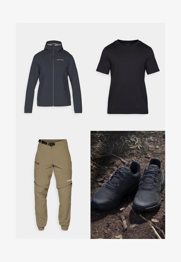 Dark gray, lightweight jacket with a hood, front zipper, and two side pockets. Features a fitted design and breathable material.; Black T-shirt made of smooth fabric, featuring a crew neckline and short sleeves. Subtle branding printed in black on the chest.; Khaki outdoor pants with a adjustable black belt, zippered pockets, tapered cuffs, and detachable lower legs for versatile styling.; Black athletic shoes with a textured knit upper, reinforced toe, and cushioned sole, displayed on earthy ground with scattered twigs.