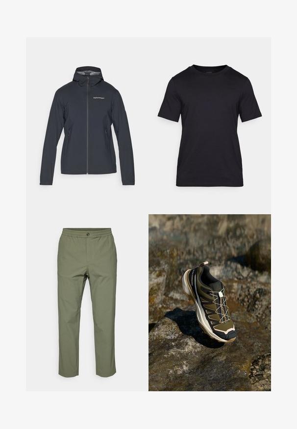 Tumši pelēks, viegls džemperis ar kapuci, priekšējo rāvējslēdzēju un divām sānu kabatām. Iezīmēts ar pieguļošu dizainu un elpojošu materiālu.; Melna T-kreklu, izgatavota no gludas auduma, ar apaļu kakla izgriezumu un īsām piedurknēm. Discreta zīmola apdruka melnā krāsā uz krūšu daļas.; Olīvu zaļas bikses, kas izgatavotas no viegla materiāla, ar elastīgu jostasvietu, pogu aizdari un taisnas kājas griezumu bez acīmredzamām rakstāmzīmēm.; Tūrisma apavi olīvzaļā un melnā krāsā ar rozā akcentiem. Iespējas ietver teksturētu virsu, elastīgu zoli, pastiprinātu purngalu un krāsainu šņorējuma sistēmu.