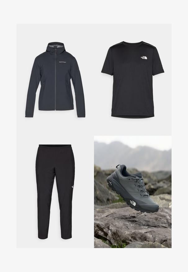 Chaqueta ligera de color gris oscuro con capucha, cremallera frontal y dos bolsillos laterales. Presenta un diseño ajustado y material transpirable.; Camiseta negra de manga corta hecha de tejido ligero. Presenta un pequeño logo blanco en el lado izquierdo del pecho y sutiles acentos en los hombros.; Pantalones deportivos negros con cintura elástica, forma ajustada, textura suave y un pequeño logotipo blanco en la parte inferior de la pierna.; Zapatilla de trail running gris con parte superior texturizada, suela de goma duradera y puntera reforzada. Cuenta con cordones y logo de la marca en el lateral.