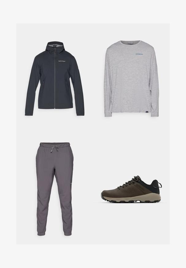 Dark gray, lightweight jacket with a hood, front zipper, and two side pockets. Features a fitted design and breathable material.; Light gray long-sleeve t-shirt made of soft, textured fabric. Features a crew neck and a small blue Patagonia logo on the chest.; Gray, lightweight, elastic waist pants with adjustable drawstring; tapered legs; smooth texture; includes logo detail on the side.; Brown waterproof sneakers with a textured upper, perforated accents, black heel support, and a grey rubber sole. Laces are styled with metallic ends.