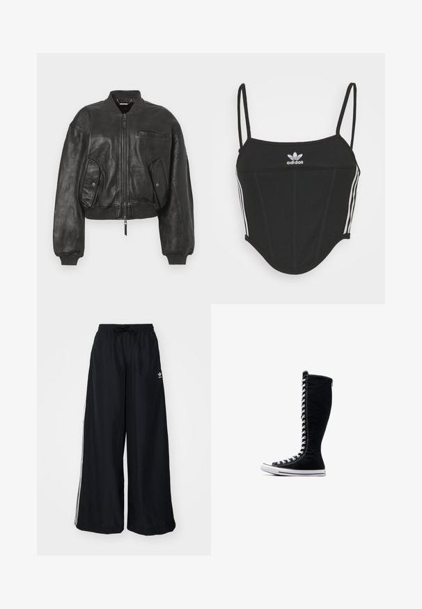 Casaco bomber em couro preto com fecho éclair à frente, punhos canelados e dois bolsos laterais. Apresenta um pequeno bolso no peito e um design cropped.; Top crop preto canelado com alças finas ajustáveis, apresentando três riscas brancas nas laterais e um pequeno logótipo branco da Adidas ao centro.; Calças largas pretas feitas de um tecido leve. Apresenta uma cintura elástica com cordão e riscas brancas laterais. Logótipo da marca na anca.; Tênis de cano alto pretos com um design alto, feitos de lona. Apresentam atacadores brancos, costura e uma sola de borracha com biqueira.