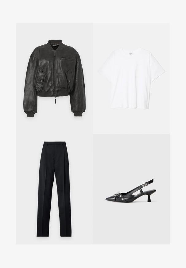 Jachetă de bombardier din piele neagră, cu fermoar frontal, manșete ribbate și două buzunare laterale. Are un buzunar mic pe piept și un croi scurt.; Tricou alb din bumbac, cu mâneci scurte, guler rotund, croi lejer și tiv cusut. Eticheta este vizibilă pe interiorul gulerului.; Pantaloni negri dintr-un material neted, cu talie înaltă, picioare largi, pliuri frontale și loop-uri clasice pentru curea. Fără buzunare laterale vizibile.; Pantofii slingback din piele neagră, cu vârful ascuțit, curele decorative cu ochiuri din metal și toc bloc mic. Suprafață texturată.