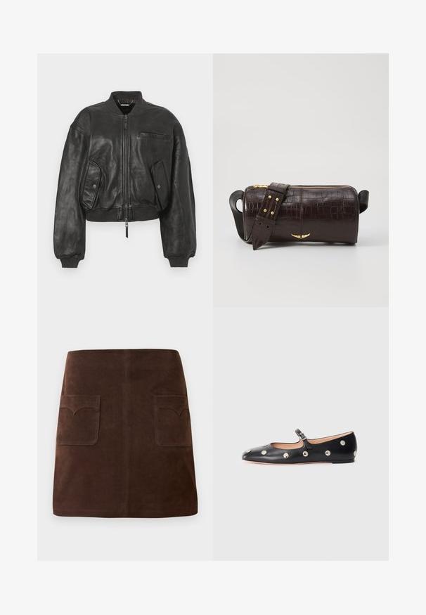 Must musta bomber jakk, millel on lukuga esiosa, soonikkoesised mansetid ja kaks küljetaskut. Omab väikest rinna-taskut ja lühendatud disaini.; Pikkade varrukatega helesinine topp ümmarguse kaelusega. Valmistatud pehmest kangast, sisaldab keskset õmblust ja kergelt kaardus serva. Ei ole nähtavat riistvara.; Pruun seemisabal, millel on klassikaline A-linja kuju, kaks eesmist taskut ümarate klappidega ja peened tikandi detailid.; Must naar mustast valmistatud Mary Jane lamedad jalanõud, ümarate varvastega, hõbedaste ümmarguste nupukestega ja reguleeritava rihmaga, millel on klamber.; Pruunist krokodillimustrist nahast kott, millel on silindri kuju, kuldse tooni metalldetailid ja eemaldatav rihm, kus on nupud.