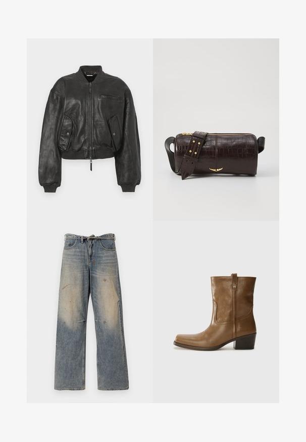 Svart läderbomberjacka med dragkedja fram, ribbade ärmslut och två sidofickor. Har en liten bröstficka och en kortad design.; Långärmad, ljusbeige topp med rund halsringning. Tillverkad i mjukt material, har en central söm och något rundad nederkant. Inga synliga detaljer.; Ljust blå denimjeans med en löst sittande, raka design. Har slitningar, blekningar och förstörda detaljer vid knäna. Klassisk femfickstil.; Brun läderankelsk boot med fyrkantig tå, texturerad yta och låg staplad klack. Har en bakre dragflik och subtila sömnadsdetaljer.; Brun kroko präglat läderväska med cylindrisk form, guldfärgad hårdvara och ett avtagbart band med nitar.