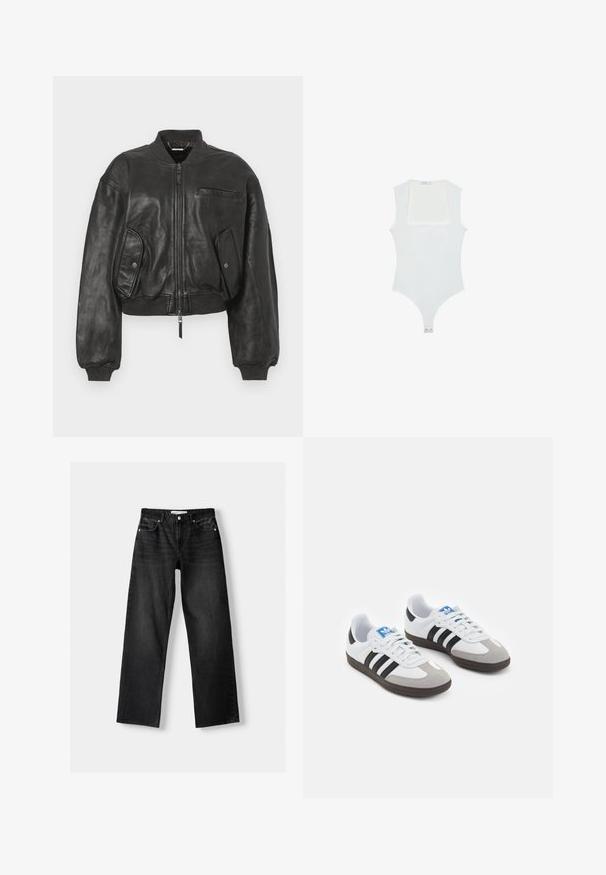 Zwarte leren bomberjack met een rits aan de voorkant, geribde manchetten en twee zijzakken. Heeft een klein borstzakje en een cropped design.; Witte bodysuit met een vierkante halslijn, mouwloos ontwerp, gladde textuur en drukknoopsluiting aan de onderkant. Eenvoudige en minimalistische stijl.; Bershka Straight leg jeans - mottled dark grey; Sportschoenen met een witte leren bovenkant, grijze suède neus en drie zwarte strepen. Bevat een blauw logo op de tong en een gestructureerde rubberen zool.