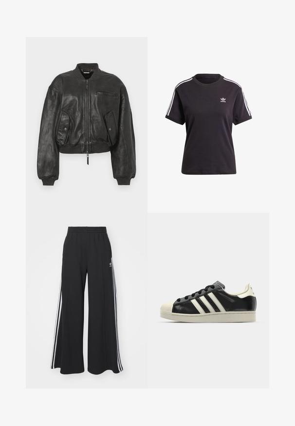 Crna kožna bomber jakna s patentnim zatvaračem sprijeda, rebrastim manžetama i dva bočna džepa. Sadrži mali džep na grudima i skraćeni kroj.; Crna pamučna majica kratkih rukava s okruglim izrezom, ukrašena bijelim trakama na ramenima i malim bijelim Adidas logom na prsima.; Crne široke trenirke s elastičnim pojasom, s bijelim bočnim trakama i izvezenim logom na lijevom bedru.; Crni kožni tenisice s bijelim prugama, gumeni zaštitni vrh, crne vezice i bijela potplata boje krem. Glatka tekstura s sjajnim završetkom.