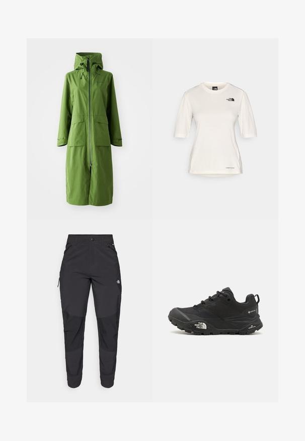 Chubasquero impermeable verde con capucha, cremallera frontal, dos grandes bolsillos y puños ajustables. Textura suave y diseño hasta la rodilla.; The North Face SHADOW SHORT SLEEVE - Camiseta deportiva - white dune; Pantalones exteriores negros hechos de tela duradera. Cuentan con bolsillos con cremallera, refuerzos en las rodillas y un diseño de corte recto para mayor movilidad.; Zapatilla de senderismo negra con parte superior texturizada, cierre de cordones y una suela de goma gruesa que presenta un logotipo prominente en el lado y patrones de tracción.