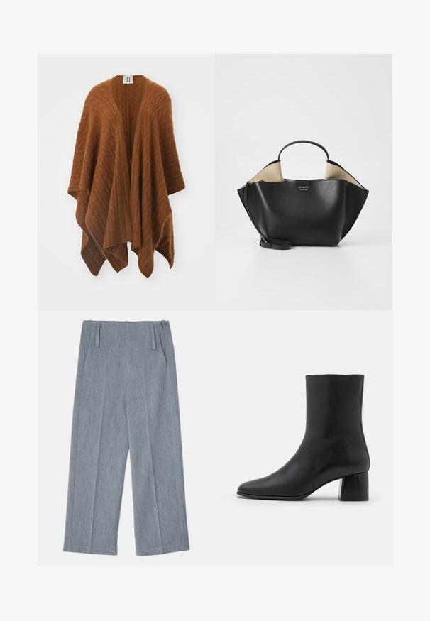 Rudas megztas pončas su tekstūruotu kabeliniu raštu, atviru dizainu ir trikampiu pavidalu. Pagamintas iš švelnios, šiltos medžiagos.; Juodas ilgų rankovių marškinėlis, pagamintas iš minkštos medžiagos, su apykakle ir laisvu siluetu, su šoninėmis sklendėmis apačioje, kad būtų lengviau judėti.; Šviesiai pilkos, plačios kojų kelnės, pagamintos iš tekstūruoto audinio, su dviem priekinėmis klostėmis ir dviem šoninėmis kišenėmis. Tvarkingas, tikslais pritaikytas dizainas.; Juodas odinis kulkšninis botas su smailiu pirštu ir masyviu kvadratiniu kulnu. Lygus paviršius be siūlių ir minimalizmu išsiskiriantis dizainas.; Ree Projects ANN TOTE MINI - Rankinė - black