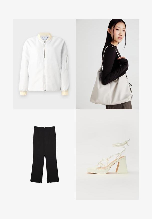 Ľahká bombera bunda z bielej tkaniny, s predným zipsom, rebrovým golierom a manžetami v krémovej farbe, a vreckom so zipsom na rukáve.; Biely bezrukávový top s okrúhlym výstrihom. Vyrobený z hladkého materiálu, má uvoľnený strih a minimalistický dizajn. Žiadne vzory alebo akcenty.; Čierne nohavice so strihom rovného strihu, s prednými vreckami a bočnými rozparkami na leme. Vyrobené z mäkkej, hladkej tkaniny. Vhodné na rôzne príležitosti.; Biele sandále na vysokom opätku s hrubým podpätkom, s pruhovaným dizajnom a viazaním na členku. Hladký povrch s platformou vpredu pre zvýšenú výšku.; Béžová kabelka vyrobená z mäkkého materiálu, s uvoľneným dizajnom, prišitými detailmi a dvoma popruhmi na nosenie na pleciach. Vhodná na každodenné nosenie.