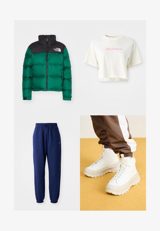 The North Face RETRO NUPTSE JACKET - Down jacket - evergreen; Cropped, cream-colored t-shirt made of cotton. Features a pink embroidered logo that reads "Nike Sportwear." Short sleeves and a round neckline.; Navy blue sweatpants made of soft fabric, featuring an elastic waistband with drawstring, elastic cuffs, and a small white logo.; White high-top sneakers with a chunky, textured sole, featuring a smooth upper, round toe, and tonal laces, set against a yellow background.