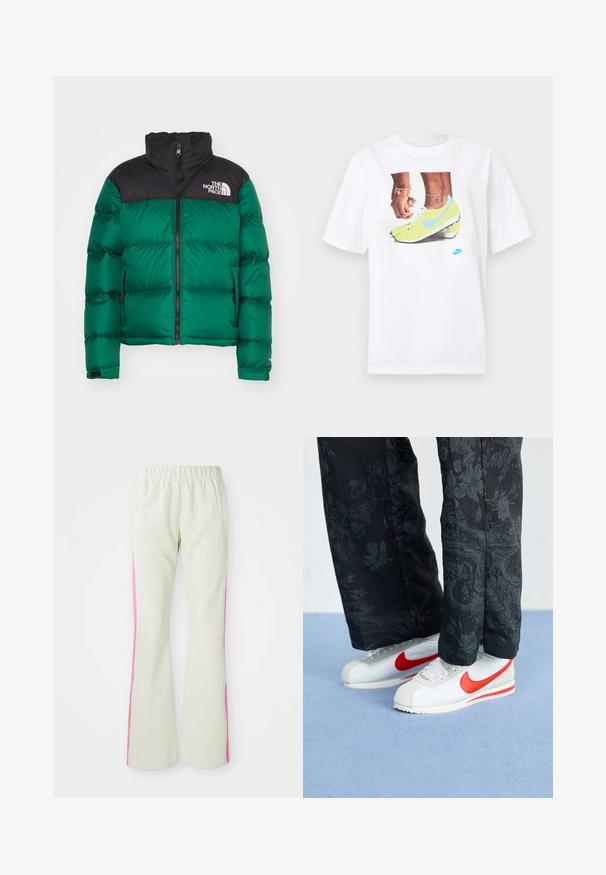 The North Face RETRO NUPTSE JACKET - Down jacket - evergreen; White cotton t-shirt featuring a graphic of feet in yellow Nike cleats with blue accents, paired with a bracelet on the left wrist.; Light beige pants with an elastic waistband, featuring pink side panels and side pockets. Smooth texture with a straight-leg design.; White Nike sneakers with red accents, paired with black pants featuring a floral pattern. Texture is smooth with a flat braid sole.