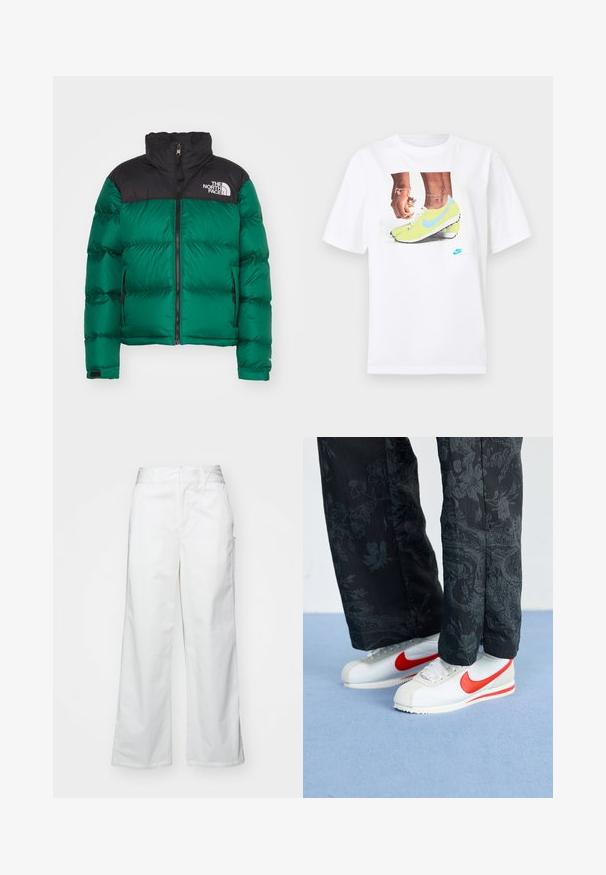 The North Face RETRO NUPTSE JACKET - Casaco de penas - evergreen; T-shirt branco de algodão com uma gráfica de pés em chuteiras Nike amarelas com detalhes azuis, combinado com uma pulseira no pulso esquerdo.; Calças largas brancas feitas de algodão, com uma textura suave, corte reto, bolsos frontais e bainha limpa.; Sapatilhas brancas da Nike com detalhes em vermelho, combinadas com calças pretas com um padrão floral. A textura é suave com uma sola plana trançada.