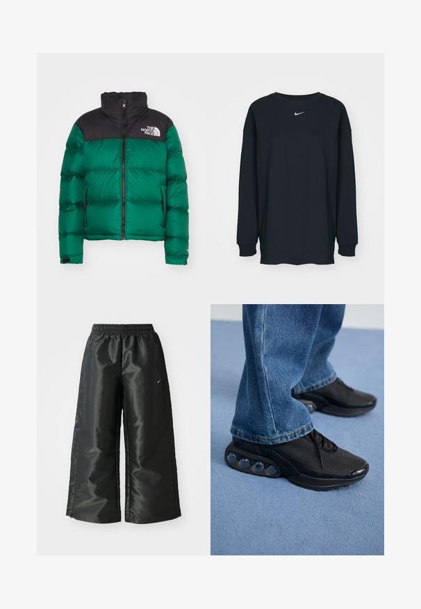 The North Face RETRO NUPTSE JACKET - Gewatteerde jas - evergreen; Zwarte lange mouwen T-shirt van katoen met een ronde hals. Bevat een wit Nike-logo op de borst. Zachte textuur, eenvoudig ontwerp.; Zwarte sportbroek van een glanzende, gladde stof, met een elastische tailleband, wijde pijpen en een klein logo aan de linkerkant.; Zwarte sportieve sneakers met een bovenwerk van mesh, gestructureerde accenten en zichtbare luchtkussentjes in de zool. Gedragen met blauwe denim jeans.