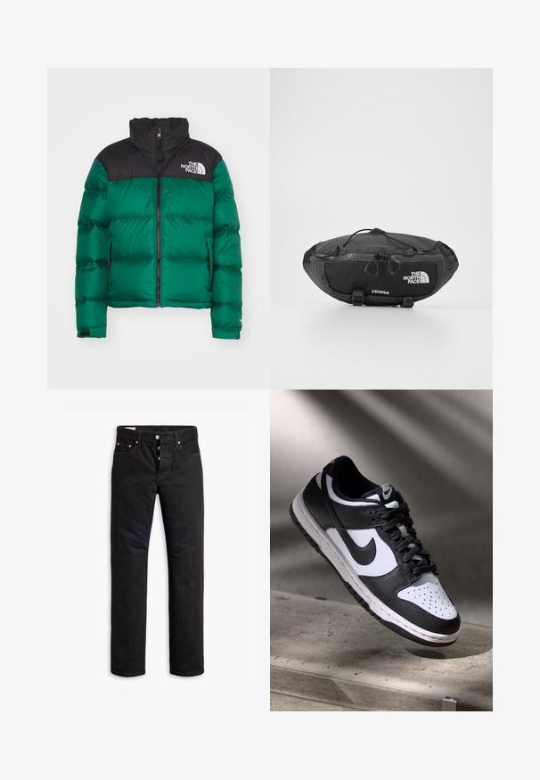 The North Face RETRO NUPTSE JACKET - Chaqueta de plumas - evergreen; Top corto negro sin mangas con un escote en V profundo, hecho de una tela suave y elástica. Presenta un dobladillo limpio y sin patrones ni acentos visibles.; Vaqueros de denim negro con corte recto, diseño de cinco bolsillos y cierre de botón. Presenta remaches de cobre y detalles de costura.; Zapatilla Nike Dunk Low en blanco y negro con parte superior de cuero, caja de dedos perforada y cordones negros, que cuenta con una suela blanca y acentos de logo.; The North Face TERRA LUMBAR 3L UNISEX - Riñonera - asphalt grey/black
