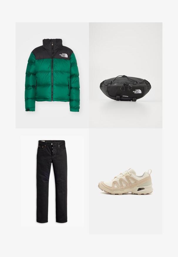 The North Face - Kurtka puchowa; Czarna bawełniana koszulka z okrągłym dekoltem i krótkimi rękawami. Wyróżniające się białe logo na górnej lewej stronie. Gładka tekstura, luźny krój.; Czarne dżinsy o prostym kroju, pięciopocketowym designie i zapięciu na guziki. Zawierają mosiężne nity i akcenty w haftach.; Beżowe i kremowe buty sportowe z teksturowanej siateczki, wspierającymi nakładkami oraz gumową podeszwą z wzorem bieżnika zapewniającym przyczepność.; The North Face UNISEX szary
