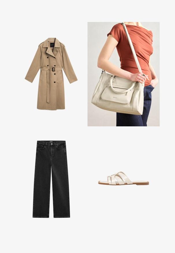 Beżowy płaszcz trench z tkaniny, z podwójnymi guzami, paskiem w talii i naramiennikami na ramionach.; Beżowa, prążkowana bluzka z krótkim rękawem, o okrągłym dekolcie i miękkiej fakturze, z dopasowanym krojem podkreślającym sylwetkę i kontury.; Szerokie czarne dżinsy z subtelnym wzorem w pionowe paski, z pięcioma kieszeniami oraz klasycznym zapięciem na guzik w talii.; Płaskie sandały z brązową gumową podeszwą, zaprojektowane z trzema nakładającymi się na siebie białymi skórzanymi paskami i małym detalem w postaci kokardy na środku.; Biała skórzana torebka z podwójnymi uchwytami i odczepianym paskiem, z przednią kieszenią na zamek i gładką fakturą. Nioszona na ramieniu przez osobę.