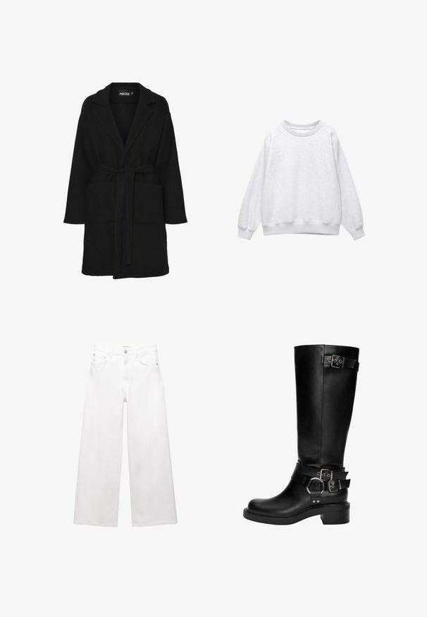 Fekete kabát, puha anyagból készült, sálgallérral, hosszú ujjakkal, derékban övvel és két elülső zsebbel.; Világosszürke, kereknyakú pulóver hosszú ujjal, bordázott mandzsettával és aljjal, sík felületen, fehér háttér előtt elhelyezve.; Fehér, bő szárú farmernadrág, pamutból készült, magas derekú, öt zsebes kialakítással és réz hardver díszítéssel. Simább, nem kopott textúra.; Fekete bőr, térdig érő csizmák lekerekített orral, sarokkal és több díszítő pánttal rendelkeznek, amelyeken ezüst csat és díszítés található.