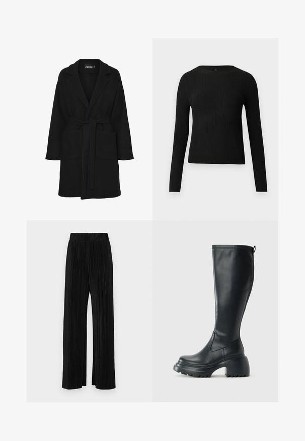 Musta jakk, mis on valmistatud pehmest kangast, millel on šalli krae, pikad varrukad, vöökoht ja kaks esist pockets.; Mustmustriibuline must pikavarsiline sobiv sviiter ümmarguse kaelusega, esitatud helehallil taustal.; Mustad pleekitud püksid elastse vöökohtaga. Omavad laiad jalad ja sujuvat, tekstureeritud kangast vertikaalsete triipudega.; Kõrge must nahksaapad, millel on massiivne platvormi tald ja blokk-kand, varustatud tõmbenööriga ja tekstuuriga väljatõmbejääk.