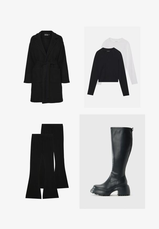 Črn plašč iz mehkega blaga, ki ima šal ovratnik, dolge rokave, pas z mašno v pasu in dve sprednji žep. ; Dve dolge majice z dolgimi rokavi: ena črna in ena bela. Obe imata okroglo ovratnico, raglan rokave in mehko mešanico bombaža.; Črne razširjene hlače iz elastičnega materiala, z visokim pasom in gladko teksturo, prilegajočega dizajna, ki se razširijo od kolena naprej.; Visoka črna usnjena škornja s debelim podplatnim solejem in blok peto, opremljena s potegom in strukturiranim profilom na podplatu.