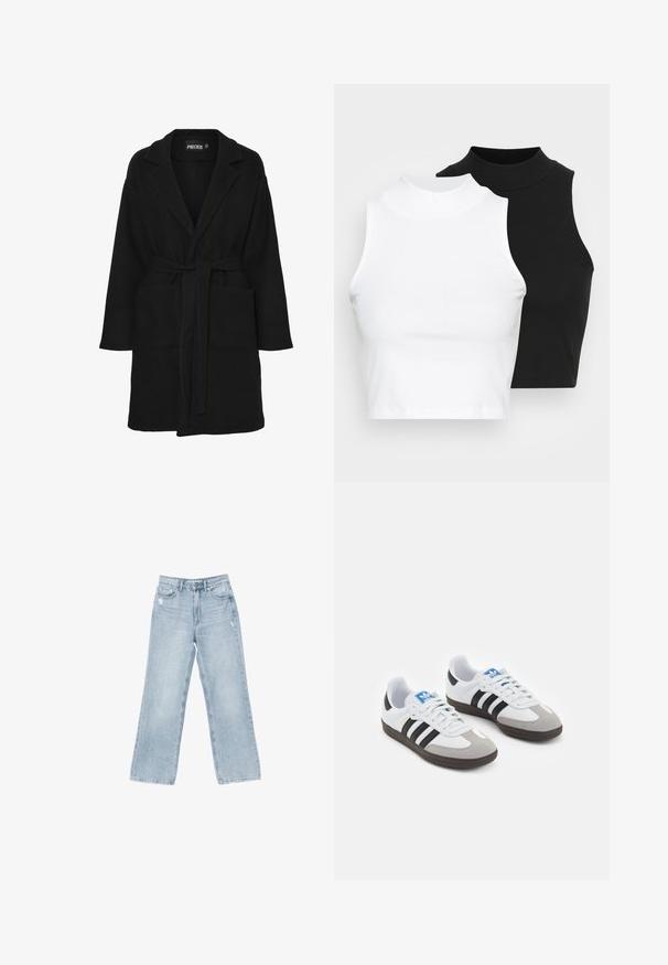 Cappotto nero in tessuto morbido, con colletto a scialle, maniche lunghe, cintura in vita e due tasche frontali.; Due top in maglia senza maniche, a collo alto, in nero e bianco, con un design aderente e una superficie liscia, di lunghezza cropped.; Jeans in denim azzurro chiaro con taglio a gamba larga, dettagli strappati, design a cinque tasche e chiusura con zip.; Scarpe sportive con tomaia in pelle bianca, punta in suede grigia e tre strisce nere. Presentano un logo blu sulla linguetta e una suola in gomma testurizzata.