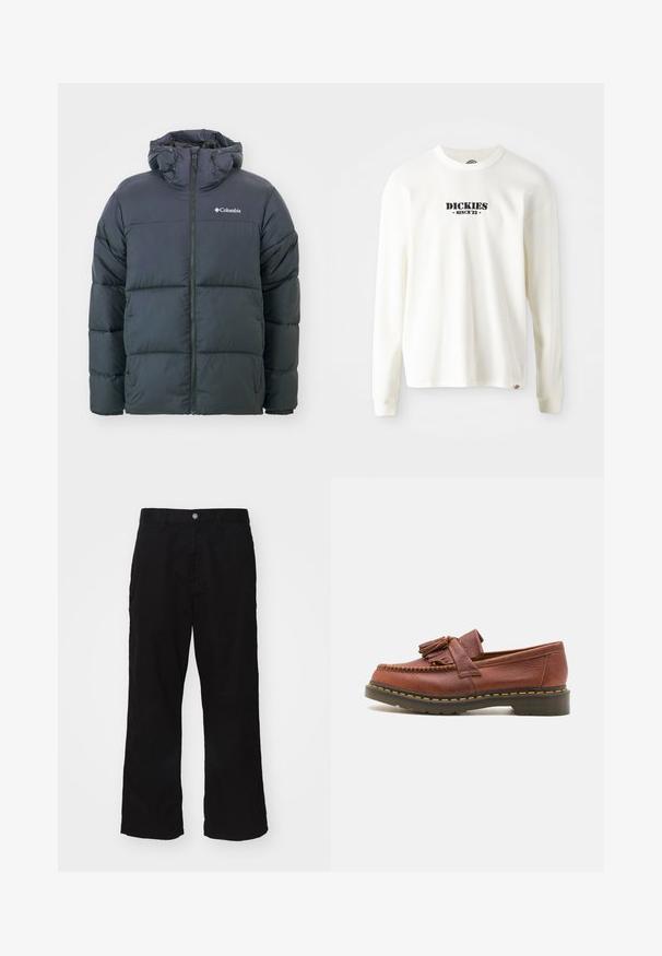 Črna pufi jakna s kapuco, z zadrgo spredaj, quiltani dizajn in elastičnimi manšetami. Logotip na levem prsnem delu. Mehka, izolirana tkanina.; Bela dolga majica s rebrasto teksturo in dolgimi rokavi, ki ima črn logotip "DICKIES" z napisom "SINCE '22" spodaj, okroglo ovratnik in manšetami.; Črne široke hlače iz mešanice bombaža, z zapiranjem na gumb in ravnim krojem ter minimalno vidnimi šivi.; Rjavi usnjeni mokasin s dodatki v obliki resic, teksturirana površina in kontrastne rumene šive ob črnem gumenem podplatu. Stranska perspektiva.