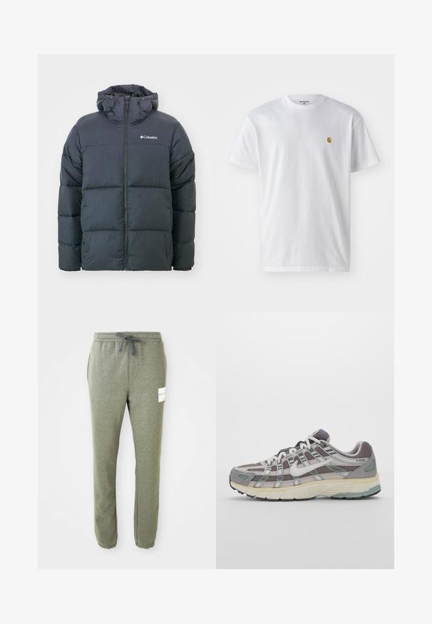 Zwarte pufferjack met een capuchon, voorzien van een ritssluiting aan de voorkant, een gewatteerd ontwerp en elastische manchetten. Logo op de linkerborst. Zacht, geïsoleerd materiaal.; Witte katoenen t-shirt met korte mouwen en ronde hals, voorzien van een klein gouden logo op de linkerkant van de borst. Zachte textuur en een normale pasvorm.; Heathergrijze tapered sweatpants met elastische tailleband, trekkoord, zijzakken, enkelsokken en een klein wit merkje op de rechterdij.; Grijze sportieve schoen met een bovenwerk van mesh en suede, witte accenten, een gevoerde zool en een onderscheidend ontwerp met reflecterende elementen.