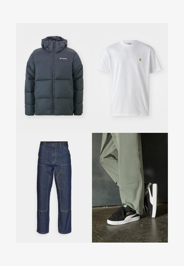 Chaqueta de plumas negra con capucha, con cierre de cremallera en la parte delantera, diseño acolchado y puños elásticos. Logo en el lado izquierdo del pecho. Tejido suave y aislante.; Camiseta de algodón blanca con mangas cortas, cuello redondo, que presenta un pequeño logo dorado en la parte izquierda del pecho. Textura suave y corte regular.; Jeans de mezclilla azul oscuro con cintura alta, diseño de pierna recta, costuras contrastantes y bolsillos de parche en la parte delantera.; Zapatillas de ante negras con suelas de goma blancas y rayas laterales, combinadas con pantalones cargo verde claro, de pie sobre una superficie oscura texturizada.
