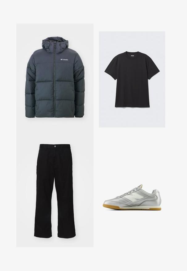 Černá prošívaná bunda s kapucí, se zapínáním na zip, prošívaným designem a elastickými manžetami. Logo na levé hrudi. Měkká, zateplená tkanina.; Černé krátké tričko s krátkým rukávem vyrobené z bavlny. Má kulatý výstřih a volný střih. Jednoduchý design bez viditelných vzorů nebo akcentů.; Černé kalhoty s širokými nohavicemi vyrobené z bavlněné směsi, s knoflíkovým zapínáním a rovnými nohavicemi s minimálně viditelným švem.; Stříbrná sportovní obuv s hladkým, lesklým povrchem, bílým logem na boku, texturovanými šedými tkaničkami a podešví z gumové pryže.