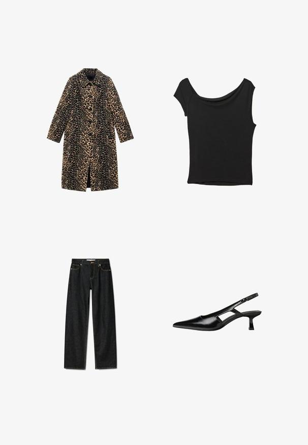 Leopardprint frakke med lange ærmer, frontknapper og knælangt snit. Fremstillet af blødt stof med en tekstureret overflade i tan og sort.; Sort kortærmet top lavet af glat stof; har en draperet halsudskæring og en asymmetrisk kant, med en tætsiddende pasform.; Mørke denim jeans med lige snit, messingknaplukning og kontrasterende gul syninger. Har fem lommer og et klassisk fit.; Sorte patentlæder slingback hæle med spids tå, udskåret sideskærm og en lille firkantet hæl. Glat tekstur med minimale detaljer.