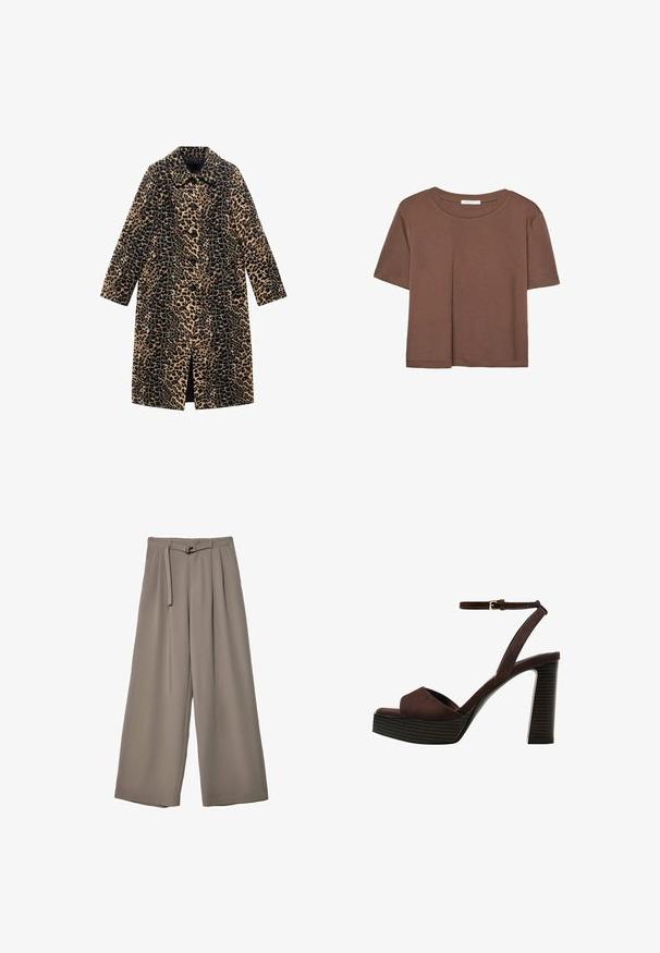 Kabát s tygřími pruhy a dlouhými rukávy, s předními knoflíky a délkou po kolena. Vyroben z jemné tkaniny s texturovaným povrchem v odstínech světle hnědé a černé.; Hnědé tričko s krátkým rukávem vyrobené z měkké látky, s kulatým výstřihem a volným střihem. Bez viditelných vzorů nebo dekorací.; Kalhoty s širokými nohavicemi v měkké, tlumené šedé látce, s páskem v pase a sklady pro přidaný designový detail. Hladká textura, bez vzorů.; Hnědé semišové sandály na vysokém podpatku s otevřenou špičkou, nastavitelným páskem kolem kotníku a proužkovou platformou.