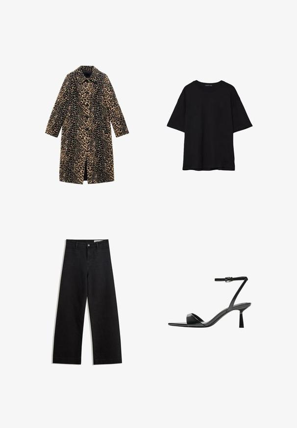 Leopardprint frakke med lange ærmer, frontknapper og knælangt snit. Fremstillet af blødt stof med en tekstureret overflade i tan og sort.; Sort bomulds T-shirt med en afslappet pasform, korte ærmer, rund halsudskæring og en glat tekstur. Ingen synlige mønstre eller accenter.; Sorte wide-leg denim bukser med høj talje, der har front- og baglommer, syede sømme og en knaplukning. Glat tekstur.; Bershka Højhælede sandaletter / Højhælede sandaler - black