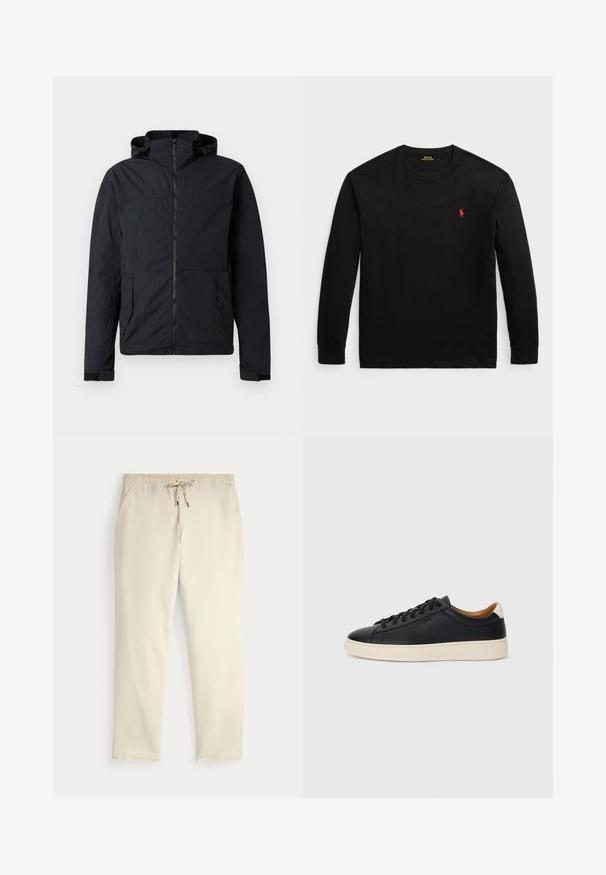 Jachetă neagră cu fermoar frontal, glugă și manșete elastice. Are două buzunare laterale și un material texturat, ușor.; Tricou negru cu mânecă lungă din bumbac. Are guler rotund, manșete ribbificate și un mic logo roșu brodat pe piept. Textură netedă.; Pantaloni casual off-white cu talie elastică și șnur, picioare drepte și buzunare laterale, pe un fundal simplu.; Căști din piele neagră cu o textură netedă, talpă din cauciuc bej, design cu șireturi și un accent contrastant la călcâi.