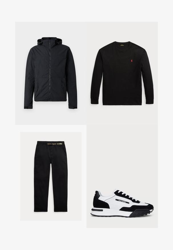 Casaco preto com fecho de correr frontal, capuz e punhos elásticos. Apresenta dois bolsos laterais e um tecido leve com textura.; Camisola de manga longa preta feita de algodão. Apresenta um colarinho redondo, punhos canelados e um pequeno logo bordado vermelho no peito. Textura suave.; Calças pretas feitas de um tecido leve, com uma cintura elástica com um cinto verde integrado, corte reto e bolsos laterais.; Ténis com um cabedal em camurça preta e pele branca, apresentando uma sola em borracha preta, atacadores brancos e um logo "POLO SPORT" na lateral.