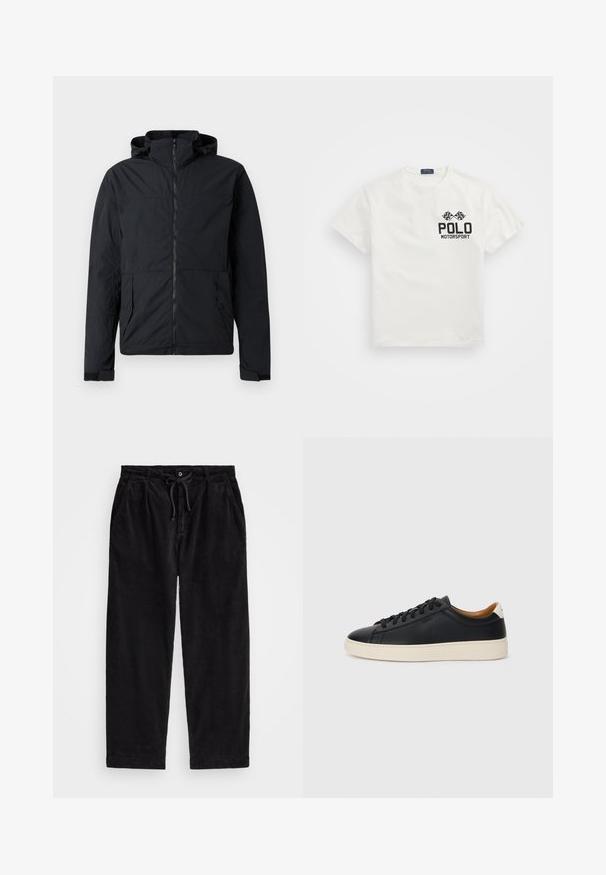 Juoda striukė su užtrauktuku priekyje, gobtuvu ir elastinėmis rankogaliais. Turi du šoninius kišenius ir tekstūruotą, lengvą audinį.; Balta medvilninė marškinė su apvaliu kaklu, su juodu "Polo Motorsport" logotipu ir kirtusiomis šachmatų vėliavomis kairėje krūtinės pusėje.; Juodo kanapinio audinio kelnių modelis, turintis laisvą siluetą, su elastingu juosmeniu ir raiščiu, bei šoninėmis kišenėmis. Audinys turi išilginę tekstūrą.; Juodos odinės sportbačiai su lygiu paviršiumi, smėlio spalvos guminis padas, raišteliais užsegama konstrukcija ir kontrastingas kulno akcentas.