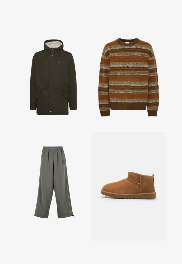 Tamsiai žalias parkas su puriu baltu pamušalu, priekinėmis kišenėmis, raišteliu liemenyje ir spaudėmis. Pagamintas iš tvirto audinio.; Solid SDMAXWELL - Džemperis - slate black; Karl Kani KK OS SIDESTRIPE - Kelnės - grey; Šviesiai rudos nubuko aulinukai iki kulkšnies su apvaliu pirštu, subtiliomis siuvimo detalėmis ir tekstūruota guma padanga. Žemas aukštis be raištelių.