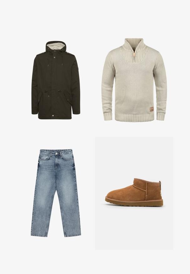 Sötétzöld parkajacket, puha fehér béléssel, elülső zsebekkel, húzózsinórral ellátott derékrésszel és patentos záródással. Tartós anyagból készült.; Beige kötött pulóver félcipzárral, bordás ujjakra és aljára. Az gallérján textúrált minta található, valamint egy kis logófolt.; Világoskék farmernadrág egyenes szárú szabással, látható varrással, öt zsebes kialakítással és gombos derékkal.; Barna suéd bőrcipő, lekerekített orral, diszkrét varrásokkal és texturált gumitalppal. Rövid magasságú, fűző nélkül.