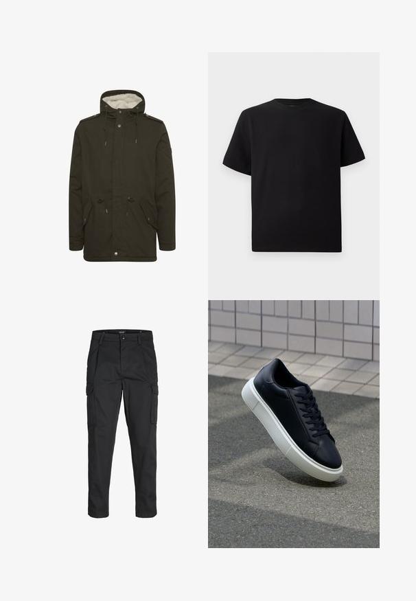 Tamnozelena parka jakna s mekim bijelim podstavljanjem, prednjim džepovima, rastezljivim strukom i kopčanjem na dugmad. Izrađena od izdržljivog materijala.; Crna majica kratkih rukava od teksturiranog materijala, s okruglim izrezom i opuštenim krojem. Jednostavna, bez uzoraka ili naglasaka.; Crne cargo hlače izrađene od čvrstog materijala, s brojnim džepovima, kopčanjem na gumb i dizajnom koji pomaže da se prilagode tijelu sa suženim nogavicama.; Crne kožne tenisice s zaobljenim vrhom i bijelim gumiranim potplatom. Imaju ravne vezice i minimalno šivanje na gornjem dijelu. Teksturirani potplat za bolje prianjanje.