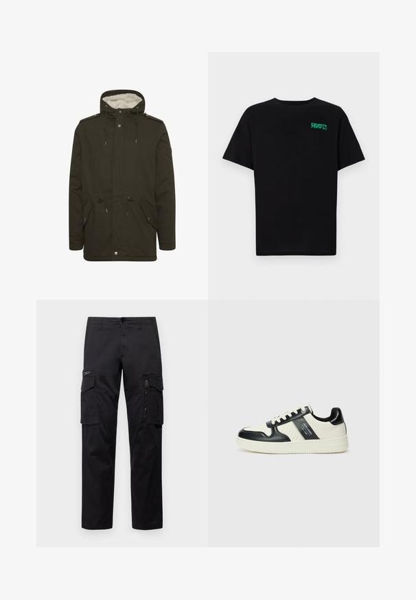 Tamsiai žalias parkas su puriu baltu pamušalu, priekinėmis kišenėmis, raišteliu liemenyje ir spaudėmis. Pagamintas iš tvirto audinio.; Juodas medvilninis marškinėliai trumpomis rankovėmis. Priekyje yra žalias „ROOTS“ logotipas, apvalus iškirpimas ir standartinė prigludimo forma.; Juodos krovinių kelnės, turinčios kelis kišenes, užtrauktuku uždaromą kišenę ant šlaunies, tiesaus kirpimo ir tvirtos medvilnės audinys su nežymiu blizgesiu.; Odiniai sportbačiai juodos ir kreminės spalvų schemoje, su perforuotais akcentais, paminkštinta apykakle ir tekstūruotu padu.