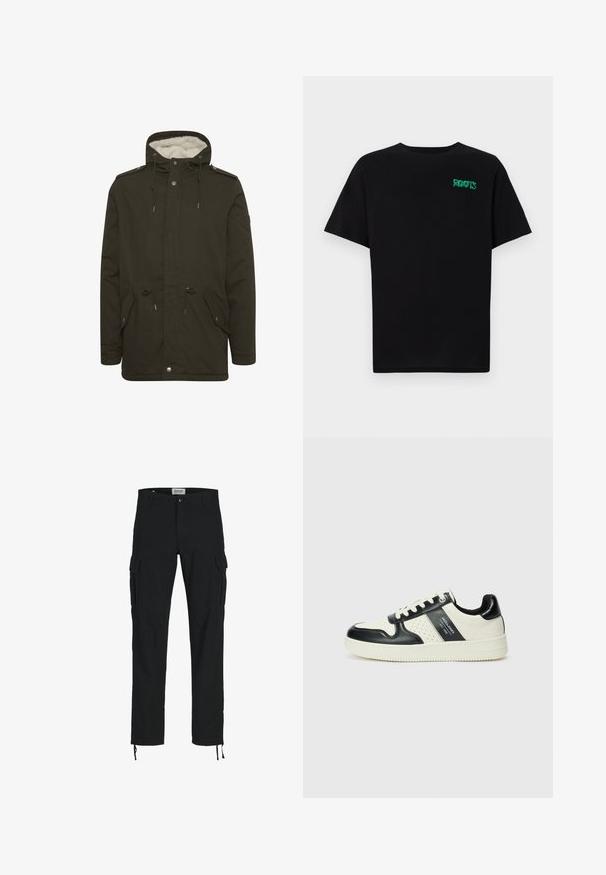 Tummanvihreä parka-takki, jossa on pehmeä valkoinen vuori, etutaskut, kiristettävä vyötärö ja napit. Valmistettu kestävästä kankaasta.; Mustat t-paidat, jotka on valmistettu puuvillasta ja joissa on lyhyet hihat. Edessä vihreä "ROOTS"-logo, pyöreä kaula-aukko ja normaali istuvuus.; Mustat cargo-housut suoran leikkauksen, joissa on sivutaskut, napillinen suljenta ja joustavat nyörit nilkoissa. Valmistettu kestävästä kankaasta.; Nahkakengät musta-kerma värimaailmassa, joissa on rei'itetyt yksityiskohdat, pehmustettu nilkkaosa ja teksturoitu pohja.