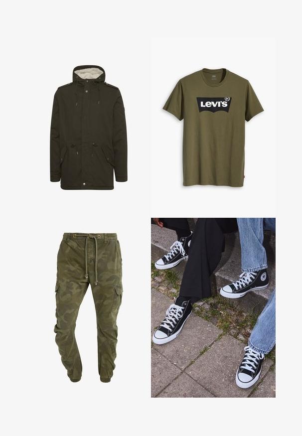 Tamnozelena parka jakna s mekim bijelim podstavljanjem, prednjim džepovima, rastezljivim strukom i kopčanjem na dugmad. Izrađena od izdržljivog materijala.; Maslinasto zelena pamučna majica kratkih rukava s velikim crnim Levi's logotipom u kontrastnom polukružnom obliku preko prsa. Regularni kroj.; Zelene cargo hlače s kamuflažnim uzorkom, s pojasom na vezanje, elastičnim rukavima i bočnim džepovima. Napravljene od čvrstog materijala.; Crne visoke platnene tenisice s bijelim gumama i vezicama, sa kružnim logom sa strane, u kombinaciji s trapericama i crnim hlačama.