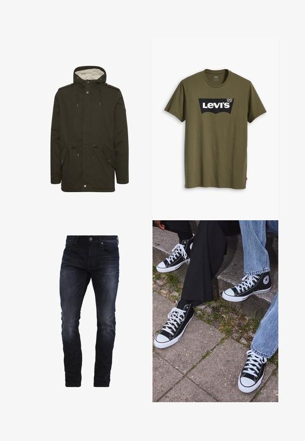 Tamnozelena parka jakna s mekim bijelim podstavljanjem, prednjim džepovima, rastezljivim strukom i kopčanjem na dugmad. Izrađena od izdržljivog materijala.; Maslinasto zelena pamučna majica kratkih rukava s velikim crnim Levi's logotipom u kontrastnom polukružnom obliku preko prsa. Regularni kroj.; Tamno plave uske traperice s blagim izblijeđenjem na bedrima i koljenima, s prednjim džepovima, petljama za pojas i dugmetom za zatvaranje.; Crne visoke platnene tenisice s bijelim gumama i vezicama, sa kružnim logom sa strane, u kombinaciji s trapericama i crnim hlačama.