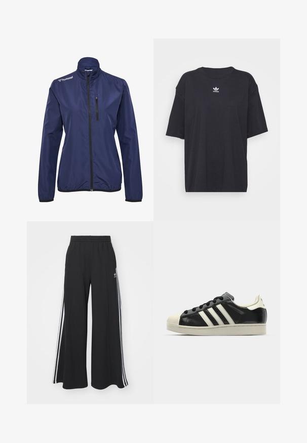 Donkerblauwe lichte jas met een hoge kraag, zwarte ritssluiting en een borstzak. Gemaakt van gladde stof, met elastische manchetten.; Zwarte katoenen T-shirt met korte mouwen, ronde halslijn, voorzien van een wit Adidas-logo op de borst. Eenvoudig ontwerp, comfortabele pasvorm.; Zwarte wijde sweatpants met een elastische tailleband, met witte zijstrepen en een geborduurd logo op de linker dij.; Zwarte leren sneaker met witte strepen, rubberen teenbescherming, zwarte veters en een crèmekleurige loopzool. Glad oppervlak met een glanzende afwerking.